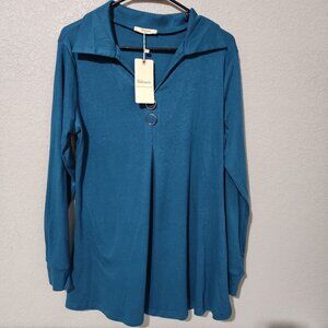 Bebonnie  Tunic Top Womens LargeTeal Long-Sleeve Collar Ring Detail